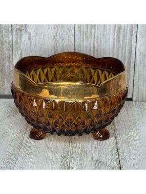 Vintage Indiana Glass Amber Diamond Point Footed Bowl with Gold Rim